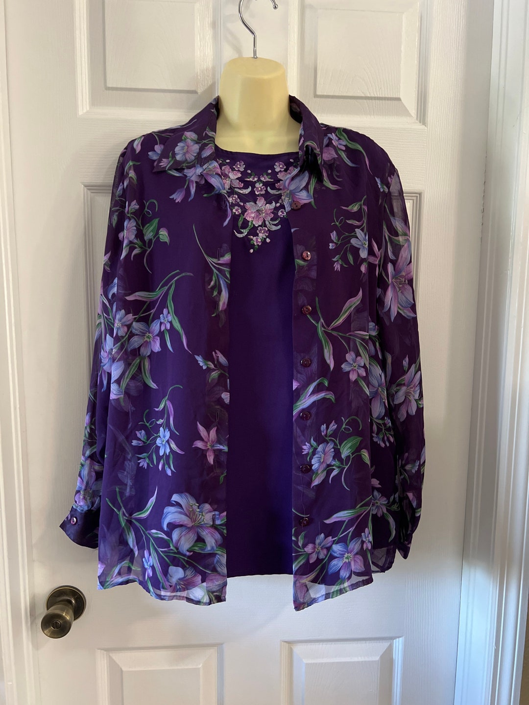 Bon Worth Vintage 2piece Blouse Women's Medium Purple Floral Print