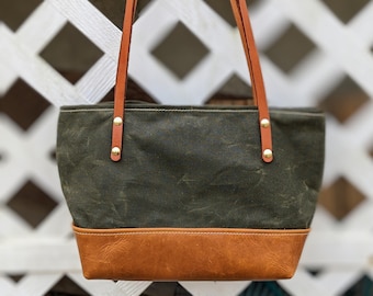 Leather and waxed canvas tote - medium