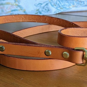 Peut inclure: Une laisse de chien en cuir marron avec des ferrures et des rivets en laiton. La laisse est pli&eacute;e en deux et le fermoir est visible.