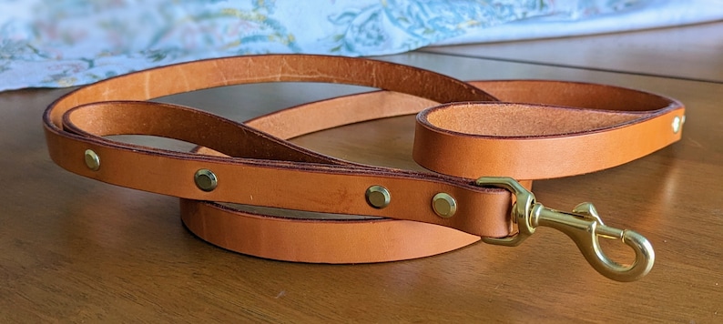 Peut inclure: Une laisse de chien en cuir marron avec des ferrures et des rivets en laiton. La laisse est pli&eacute;e en deux et le fermoir est visible.