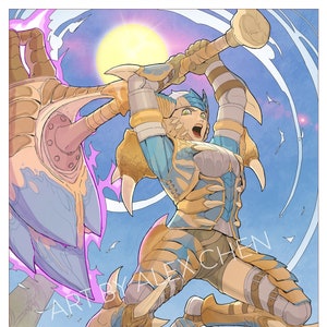 Monster Hunter Rise Fanart Tigrex Armor and Hammer