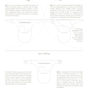 Puede incluir: Una ilustraci&oacute;n en blanco y negro de instrucciones para coser un cintur&oacute;n marsupial. La ilustraci&oacute;n muestra c&oacute;mo coser el borde superior del cintur&oacute;n, coser los anillos en D y c&oacute;mo sujetar los bucles del cintur&oacute;n. El texto de la imagen dice: "Coser el borde superior", "Coser los anillos en D", "Terminar cada puntada de pespunte con una puntada vertical de 3/8" (1 cm) de largo que desciende para definir la abertura del bolsillo."