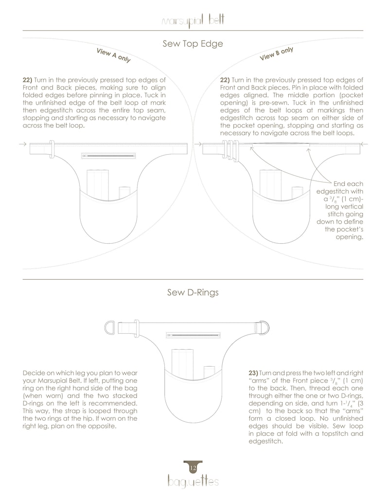Puede incluir: Una ilustraci&oacute;n en blanco y negro de instrucciones para coser un cintur&oacute;n marsupial. La ilustraci&oacute;n muestra c&oacute;mo coser el borde superior del cintur&oacute;n, coser los anillos en D y c&oacute;mo sujetar los bucles del cintur&oacute;n. El texto de la imagen dice: "Coser el borde superior", "Coser los anillos en D", "Terminar cada puntada de pespunte con una puntada vertical de 3/8" (1 cm) de largo que desciende para definir la abertura del bolsillo."