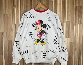 Sudadera vintage de los años 90 con estampado completo de Minnie Mouse, cuello redondo, suéter de Mickey Mouse de Disney, jersey de dibujos animados de Mickey Mouse, Mickey blanco, talla mediana