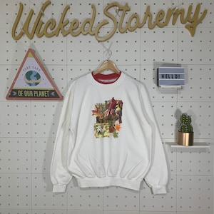 Vintage 90s Bird Morning Sun Crewneck Sweatshirt Usa Vintage Jumper Sparrow Chickadee Sweater Bird Pullover size Large White Colour