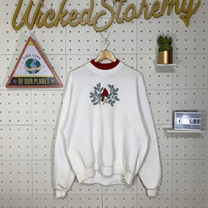 Vintage 90s Bird Crewneck Sweatshirt Cotton Grove Usa Vintage Jumper Sparrow Chickadee Sweater Bird Pullover size XLarge White Colour
