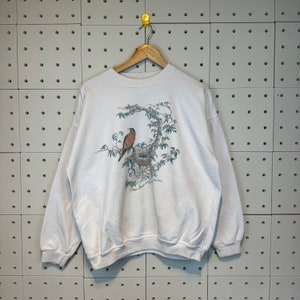 Vintage 90s Bird Sweatshirt Morning Sun Crewneck Whitetail Morning Sun Pullover Morning Sun Jumper Big Print Large Size White Colour
