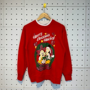 Vintage 90s Mickey Mouse Merry Christmas Sweatshirt Crewneck Disney Mickey Mouse Sweater Mickey Mouse Cartoon Jumper Red Size Medium