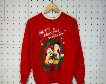 Vintage 90s Mickey Mouse Merry Christmas Sweatshirt Crewneck Disney Mickey Mouse Sweater Mickey Mouse Cartoon Jumper Red Size Medium