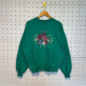 Vintage 90s Alaska Sweatshirt Alaska Crewneck Vintage Alaska Sweater Vintage Pullover  Big Print Size Large Colour Green