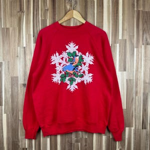 Vintage 90s Bird Crewneck Sweatshirt Cotton Grove Usa Vintage Jumper Sparrow Chickadee Sweater Bird Pullover size Large Red Colour