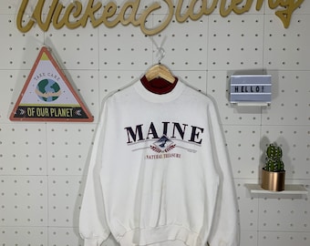 Vintage 90s Maine Usa Sweatshirt Maine Crewneck The berry Manor Inn Sweater  Spellout Maine Place Logo White Color Men’s Large