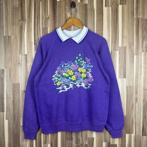 Vintage 90s Flower Morning Sun Sweatshirt Morning Sun Crewneck Morning Sun Sweater Big Print Medium Size Purple