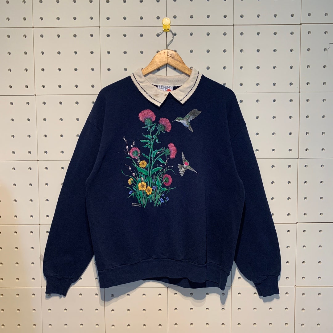 Vintage 90s Morning Sun Sweatshirt Morning Sun Crewneck Graphics Morning Sun Sweater Pullover Morning Sun Floral Bird Print Logo Blue Large Etsy