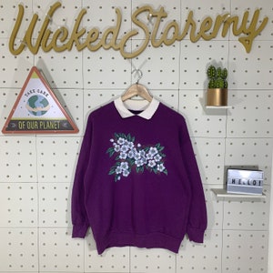 Vintage 90s Flower Crewneck Sweatshirt Cotton Grove Usa Vintage Jumper Flower Sweater Flower Pullover size Medium Gray Purple