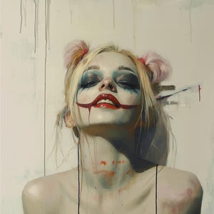 Puede incluir: Una mujer con cabello rubio y lazos de pelo rosas lleva maquillaje de payaso con acentos rojos y azules. Sus ojos est&aacute;n cerrados y est&aacute; sonriendo. El fondo es una pared blanca con goteos de pintura.