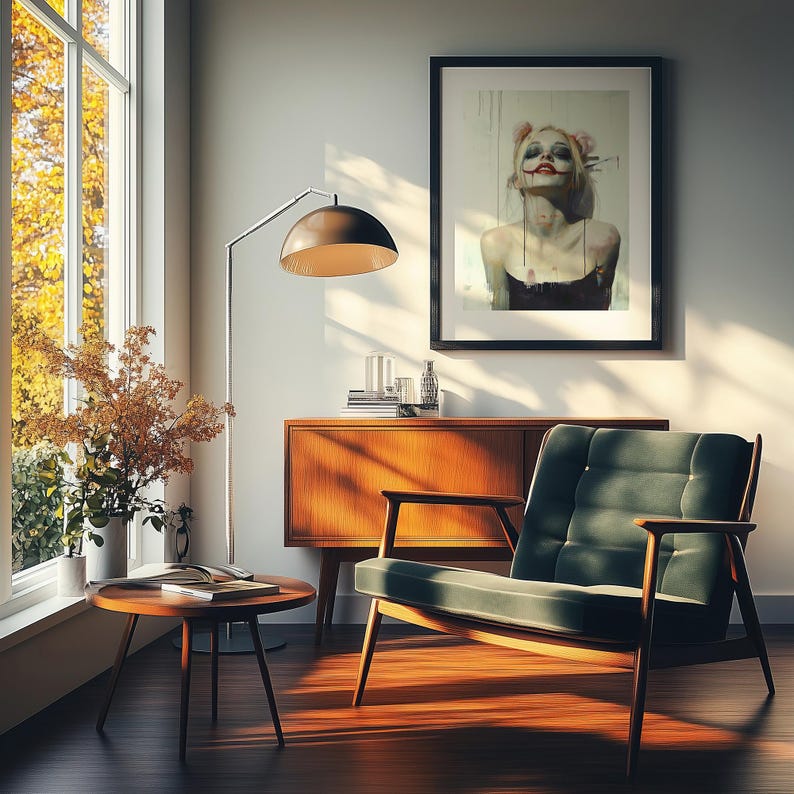 Puede incluir: Un sill&oacute;n de terciopelo verde con patas de madera se encuentra en una sala de estar con una mesa auxiliar de madera, una l&aacute;mpara de pie y un cuadro enmarcado de una mujer con una sonrisa de payaso.