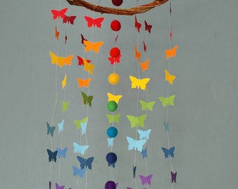Baby Mobile "Rainbow Butterflies" Willow Wreath Butterfly Felt Balls