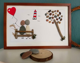 Stone picture, bench by the sea, pebble picture, gift - love - wedding - heart