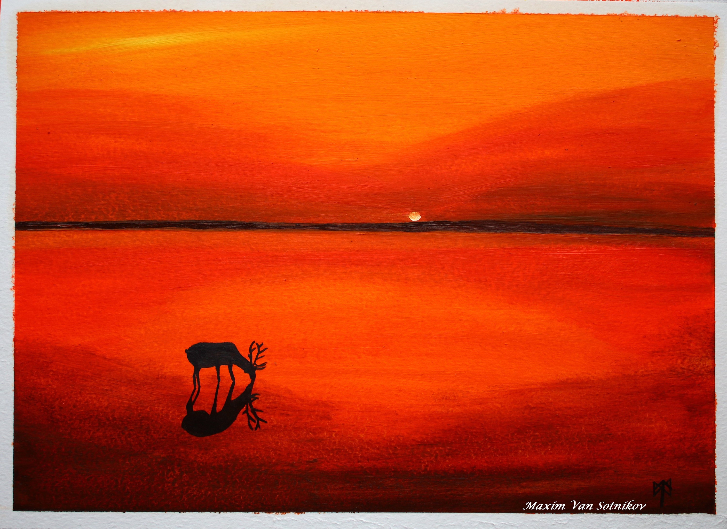 Original oil painting on cardboard a deer drinking water at Etsy