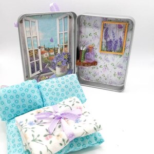 Miniature Bedroom in a Tin, Bedroom diorama, miniatures,Lavender Provence Altered altoid tin, Handmade Diorama in a tin, Bear in a box, UK