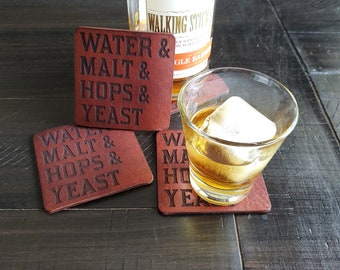 Leather coaster.  Whiskey coaster.  Whisky coaster.  Horween leather coaster.  Beer coaster.  Beer ingredients