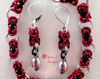Ohio State jewelry set, football, earrings and bracelet chainmaille.