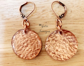 Hammered Copper Disc lightweight Earrings