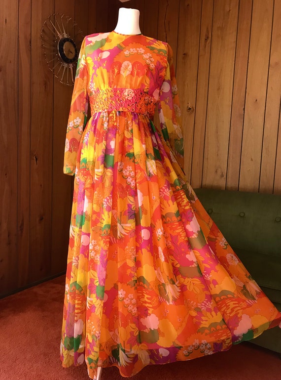 60s Psychedelic Chiffon Gown