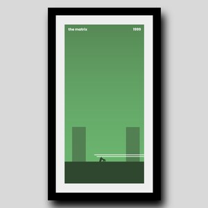May include: A minimalist poster with a green gradient background and the text "the matrix" and "1999" in white. A silhouette of a person jumping over a gap between two buildings is in the bottom centre of the poster.