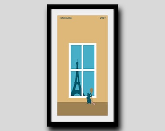 May include: A minimalist poster with a yellow background featuring a cartoon rat holding a wooden spoon in front of a window with a silhouette of the Eiffel Tower. The poster has the title "ratatouille" and the year "2007" printed at the top.