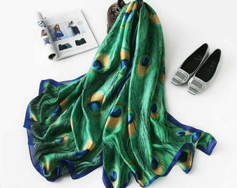 Beautiful Large Peacock Print Silk Scarf | Gift Wrapping Available