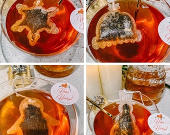Winter Themed Shaped 6 Tea Bags | FREE Shipping | 1 Mini Wooden Honeycomb Stick | Happy Holiday | Winter Gift |  Coworker Gift |