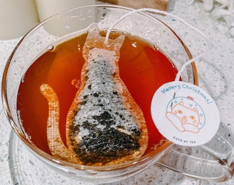 Christmas Gift Cat Lovers | FREE Shipping | 1 Mini Wooden Honeycomb Stick | 6 Shaped Tea Bags | Stocking Stuffer | Cat Owners |