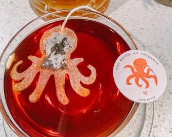 Gift for Octopus Fans | FREE Shipping | 1 Mini Wooden Honeycomb Stick | Octopus Tea Bags | Cool Unique Thank you Gift  (6 Tea bags)