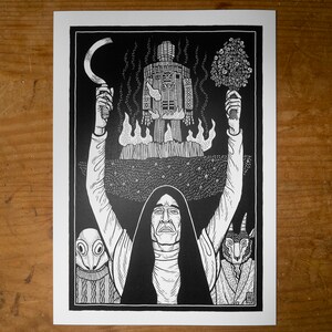 May include: Black and white woodcut print of a figure with long black hair and a white robe, holding a sickle in one hand and a bouquet of flowers in the other. The figure stands in front of a burning building with a crowd of people below.
