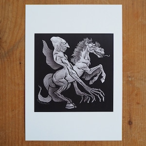 May include: Black and white woodcut print of a creature with wings riding a horse-like creature. The print is signed "NOCKLAVE" in the bottom left corner.