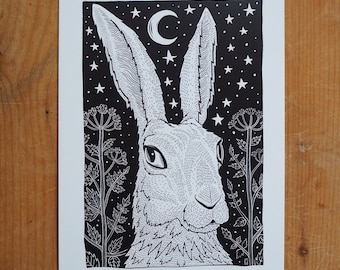 Hare Art Print – Matt Willis, British Folklore Illustration (A4)