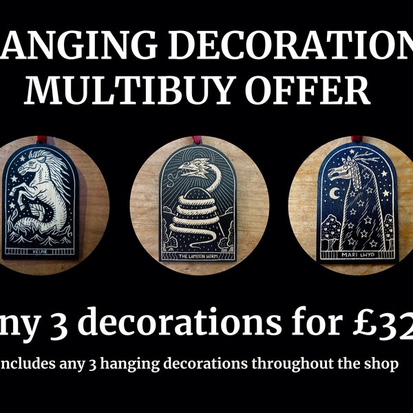 MULTIBUY Hanging Decoration - Mari Lwyd - Witch - Black Phillip - Devil - Lambton Worm - Kelpie