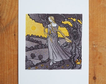 May include: A woman with long blonde hair walks through a forest. She is wearing a long, flowing grey dress. The sun shines through the trees, casting a golden glow on the scene.