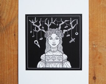 May include: Black and white line art print of a woman with a crown of branches and flowers on her head. The crown has small objects hanging from it, including a bird skull and a small cross.