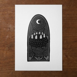Moon Henge A5 Print by Matt Willis  thefolklorebox ~ the folklore box ~ the folk lore box ~ shuck  ~ standing stones ~ henge ~ circle
