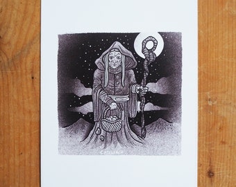 May include: Black and white illustration of a cloaked figure holding a basket and a staff. The figure is standing on a hilltop with a moon in the background.
