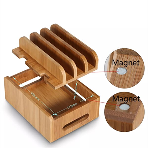 Bamboo Wood Phone Cords Charging Station Docks Organizer for Smart Phones and Tablets USB Charger