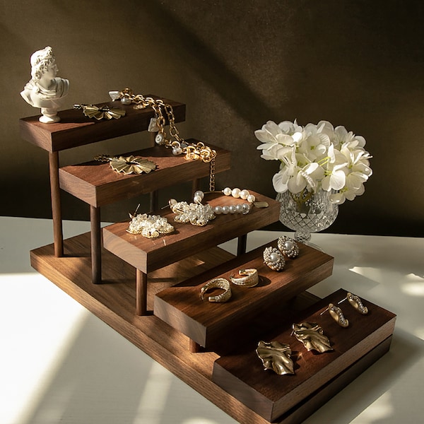 Walnut jewelry display props jewelry tray earrings necklace bracelet wooden ladder multi-layer display stand