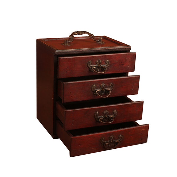 Présentoir en bois pour femmes 4 tiroirs faits à la main Antique Grande capacité Chambre à bijoux en bois Boîte à bijoux portable Armoire bureau