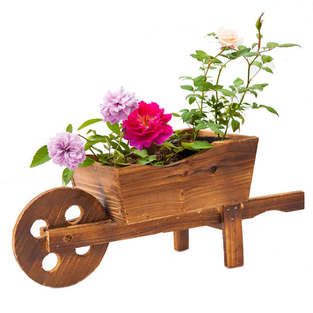 Wooden Wheelbarrow Flower Pot Wood Cart Decor Pot Creative Garden ...