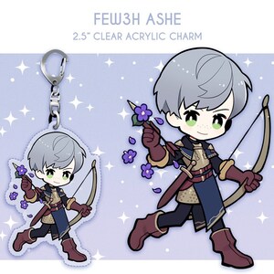 May include: A 2.5 inch clear acrylic charm featuring a chibi-style character with silver hair, holding a bow and arrow and a purple flower. The character is wearing a blue and gold outfit and brown boots. The charm is on a light purple background with white stars.