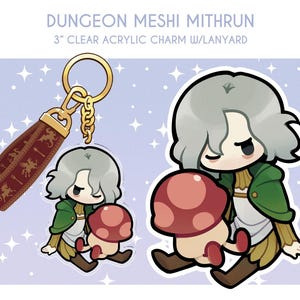 May include: Clear acrylic charm with a lanyard featuring a cartoon character with gray hair, a green jacket, and a mushroom. The lanyard is brown with gold accents and a repeating design. The text "Dungeon Meshi Mithrun" is at the top.