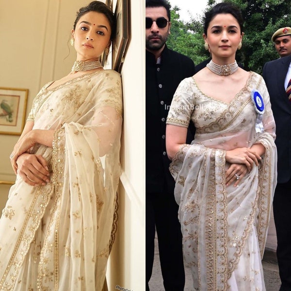 Sabyasachi inspiriert Alia Bhatt weiße Farbe Organza Seide Sequence Arbeit Saree Bollywood Designer Hochzeit Saree für Frauen